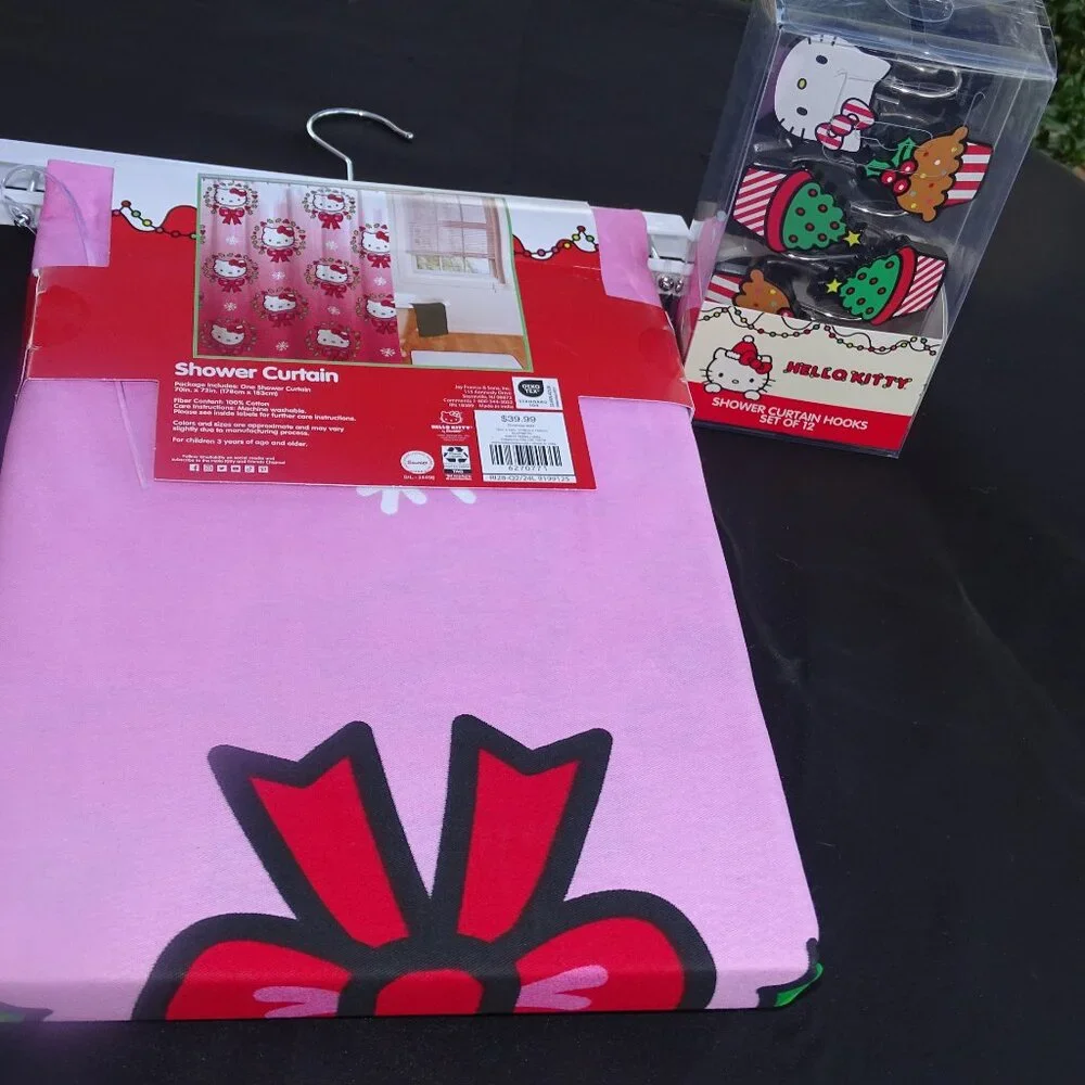 Hello Kitty Pink and Red Christmas shower Curtain With Matching Hooks